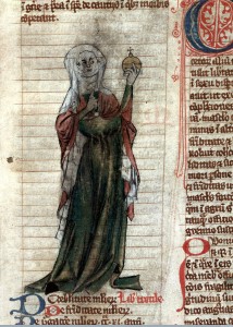 L0015682 Female healer, ?Trotula, holding urine flask, 14th C Credit: Wellcome Library, London. Wellcome Images images@wellcome.ac.uk http://wellcomeimages.org Pen and wash drawing showing a standing female healer, perhaps of Trotula, clothed in red and green with a white headdress, holding up a urine flask to which she points with her right hand. Pen and wash Early 14th century Miscellanea medica XVIII Published: Early 14th century Copyrighted work available under Creative Commons Attribution only licence CC BY 4.0 http://creativecommons.org/licenses/by/4.0/